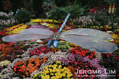 A dragonfly lantern in the Flower Field of the Flower Dome.