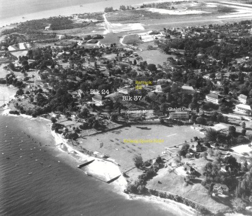 RAF Changi 1950. The relative positions of the original Blks 24 and 37 of RAF Hospital Changi and the Chalet Club can be seen (lkinlin18 on Flickr). 