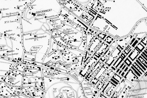 An 1881 map showing the tops of the hills of the former Prinsep estate populated by newly built residences. 